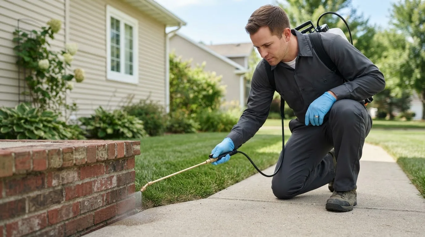 Pest control technician treating a home near De Soto, MO